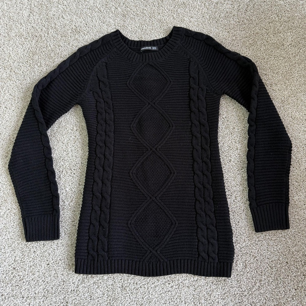 AmélieBoutik Sweater Womens Medium Black Cable Knit Crewneck Tunic Pullover